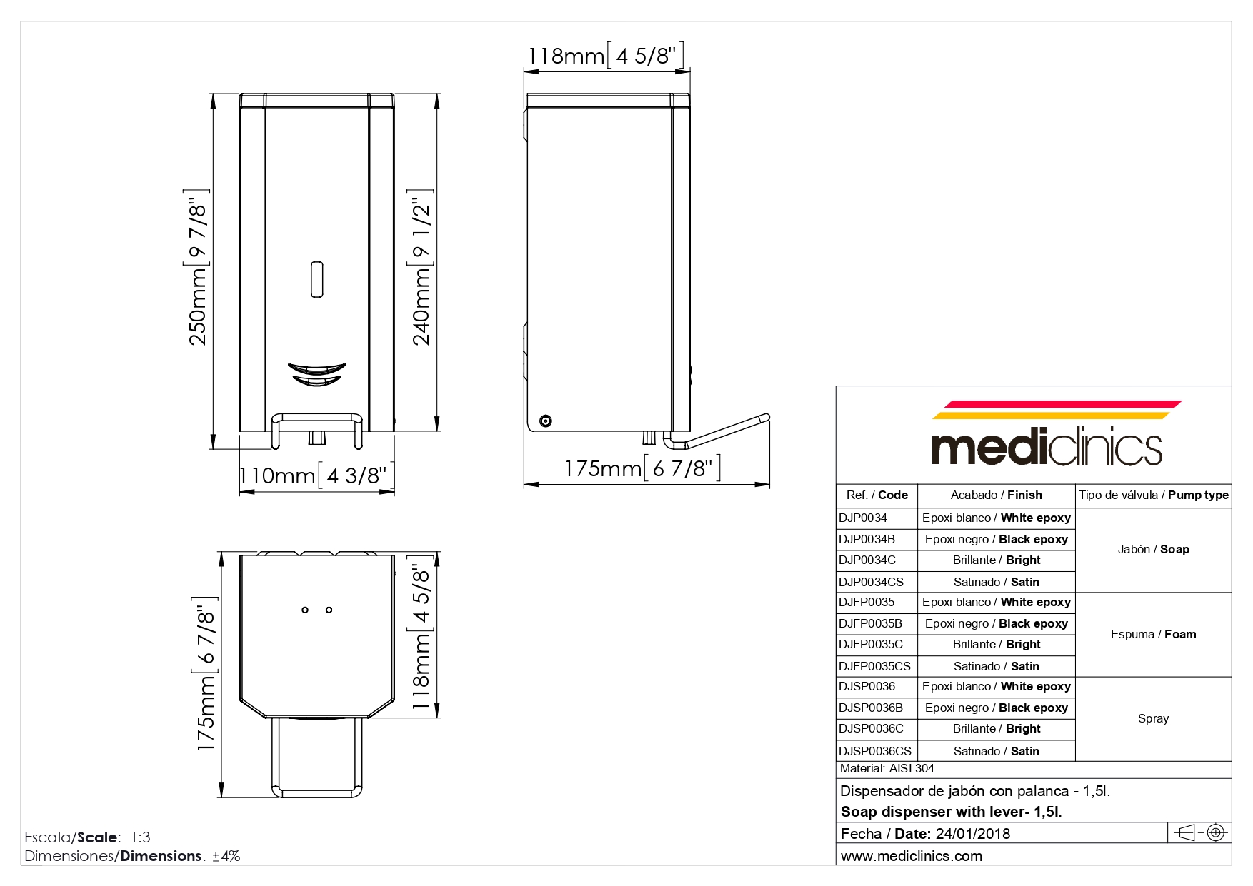 Диспенсер для мыла Mediclinics DJFP035CS хром матовый