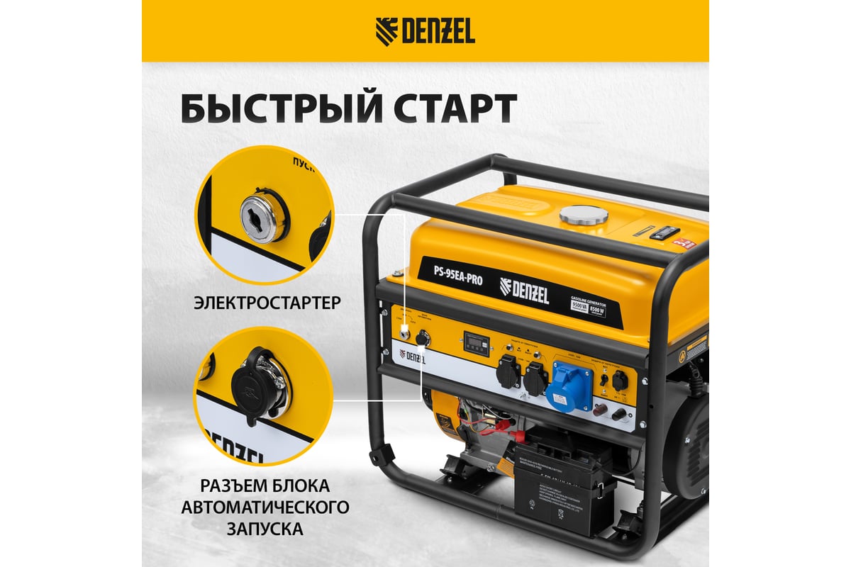 Бензиновый генератор Denzel ps-95ea-pro, 9.5 квт, 230 в, 40 л, разъём ats, электростарт 946935