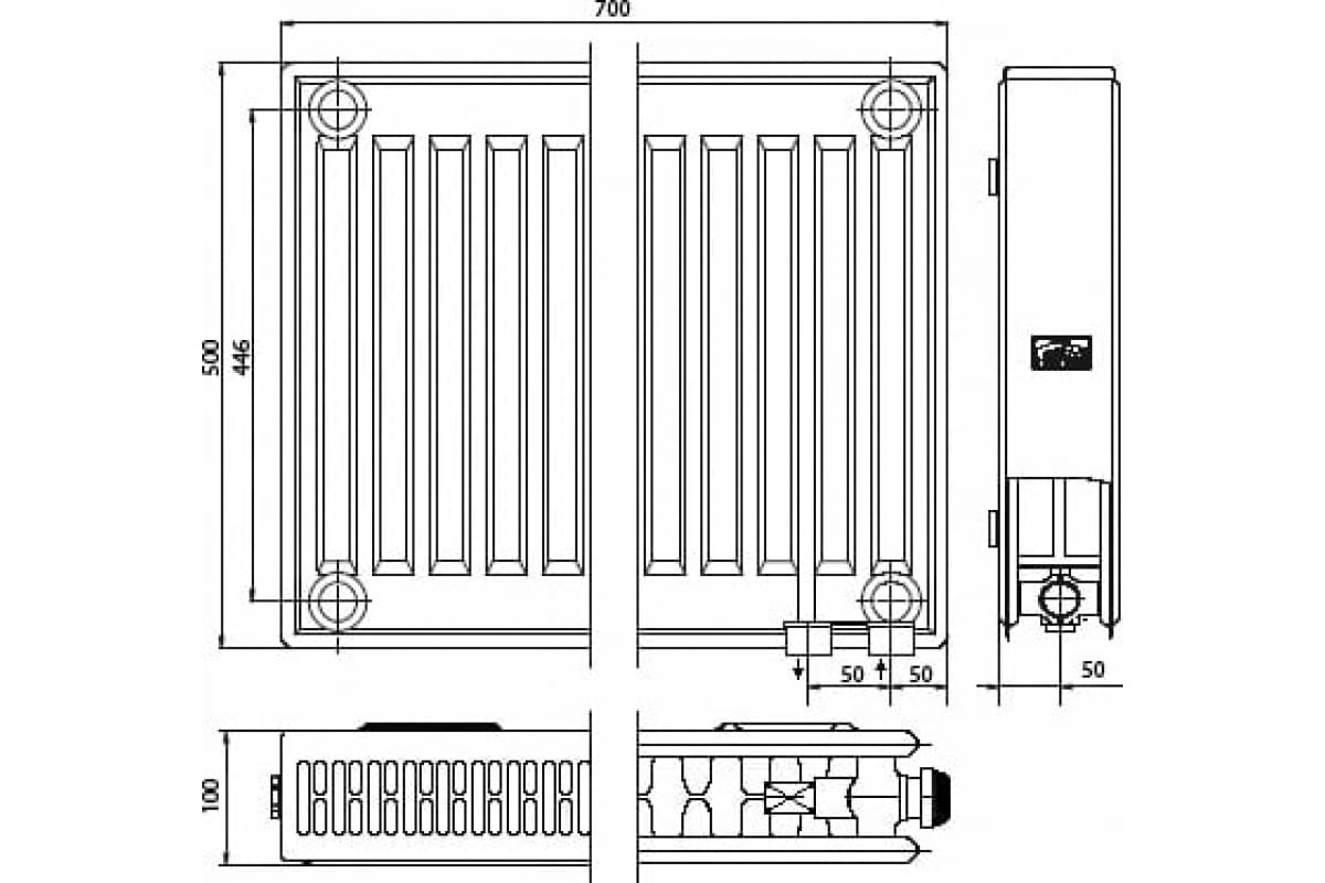 Стальной панельный радиатор Kermi Profil-V FTV 22/500/700 нижнее подключение белый RAL 9016 FTV220500701R2Y RG008V7E3P51K6