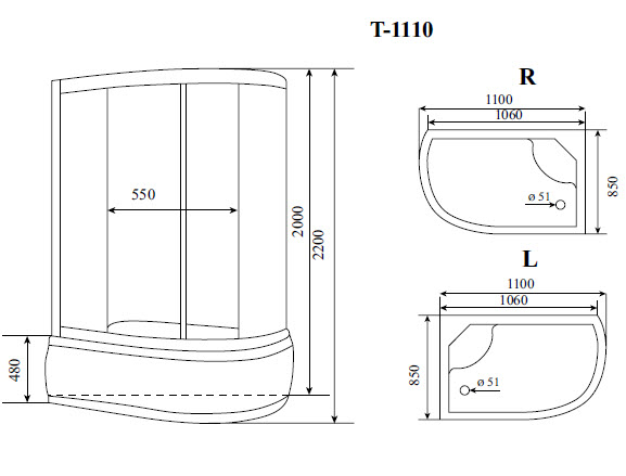 Душевая кабина Timo Standart T-1110R 110x85, без г/м, тонированные стекла, хром