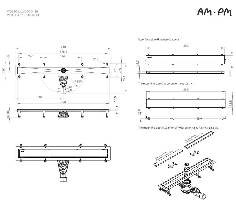 Душевой лоток Am.Pm MasterFlow W01SC-U11-090-04BM 90 см, комб.затвор, решетка под плитку, черный матовый