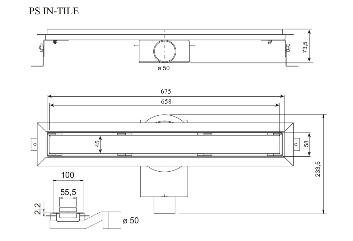 Душевой лоток Plumberia PST In-Tile 70 см, нержавеющая сталь матовая PST70MT