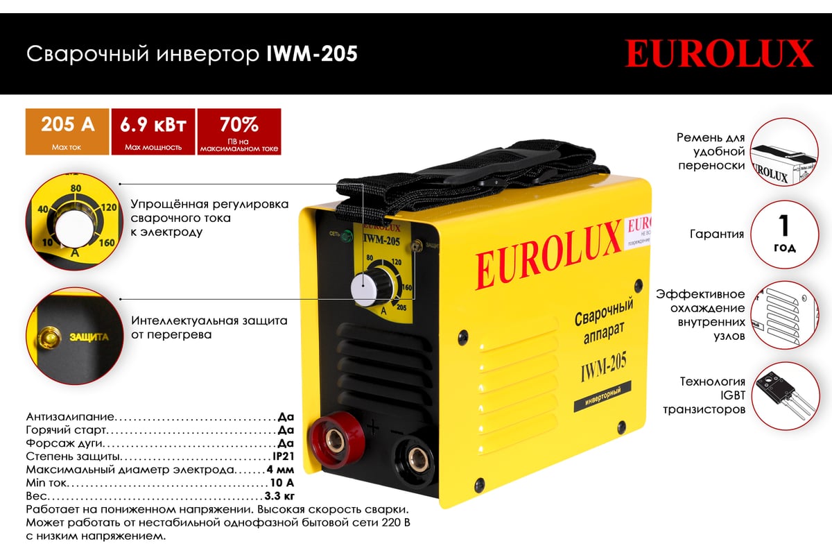 Сварочный инверторный аппарат Eurolux IWM205 65/66