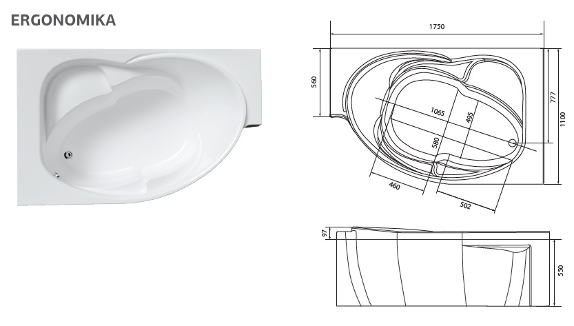 Акриловая ванна Marka One Ergonomika 158-175x110 R