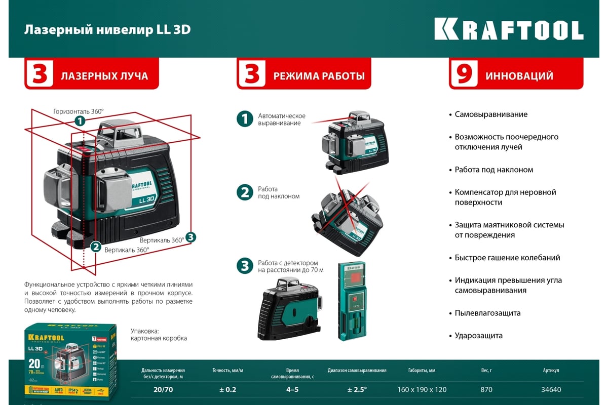 Лазерный нивелир Kraftool LL-3D-4 360 градусов, 20м, 70м, детектор 34640-4