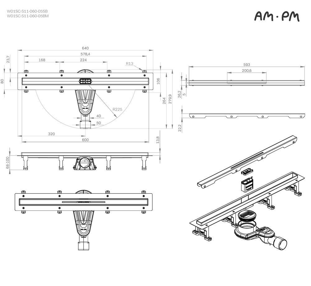 Душевой лоток Am.Pm MasterFlow W01SC-S11-060-05BM 60 см, комб.затвор, решетка Slim Line, черный матовый