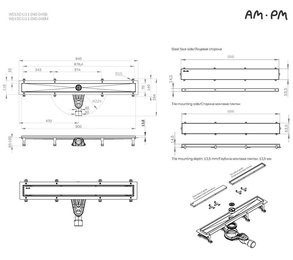 Душевой лоток Am.Pm MasterFlow W01SC-U11-090-04SB 90 см, комб.затвор, решетка под плитку, хром матовый