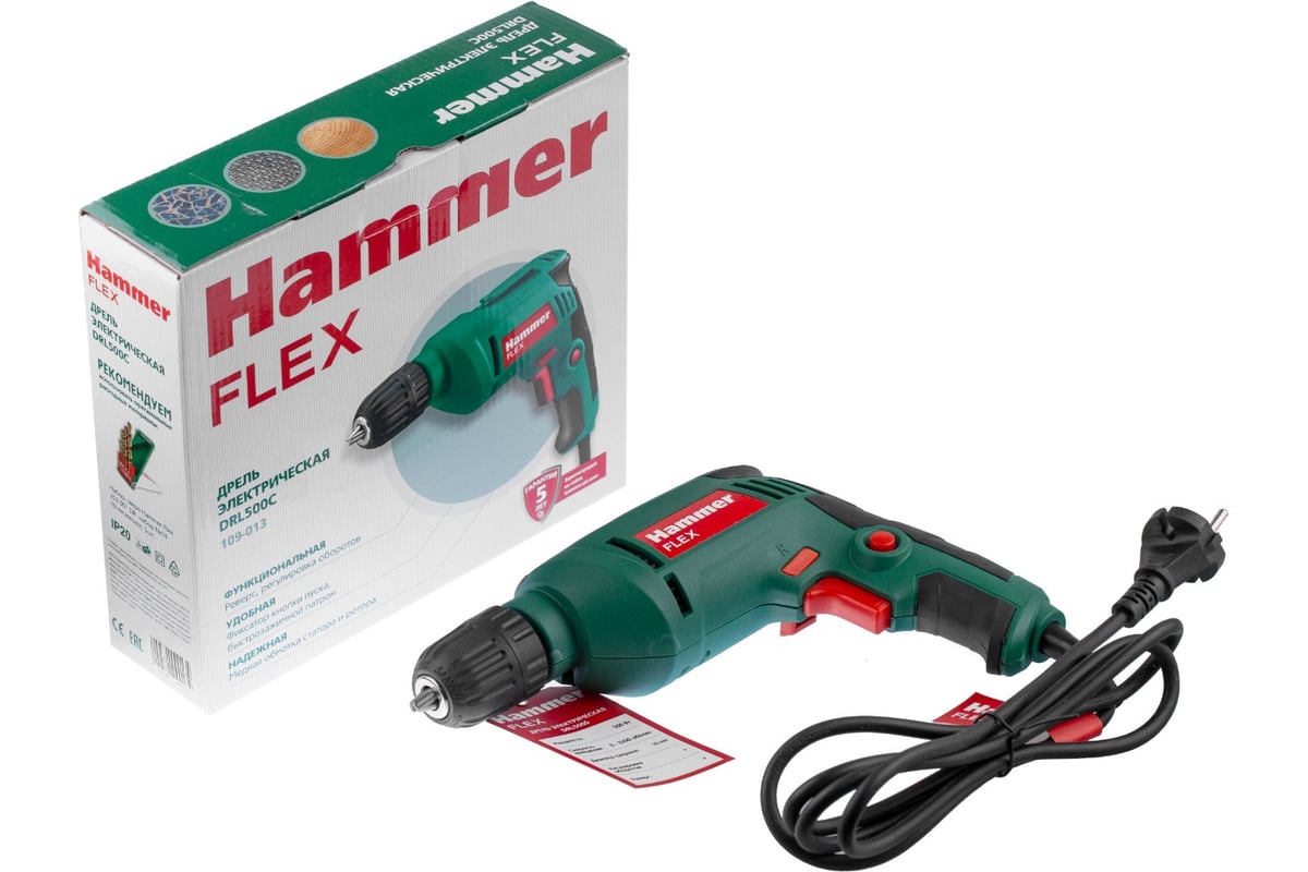 Дрель Hammer Flex 500 Вт, 10 мм, БЗП, 0-3200 об/мин, реверс DRL500C