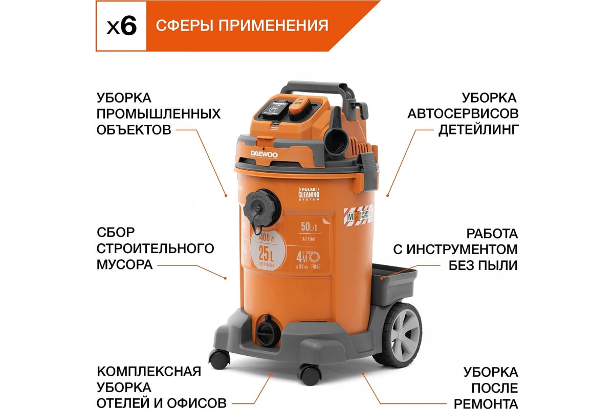 Строительный пылесос с системой очистки Daewoo DAVC 2500SD