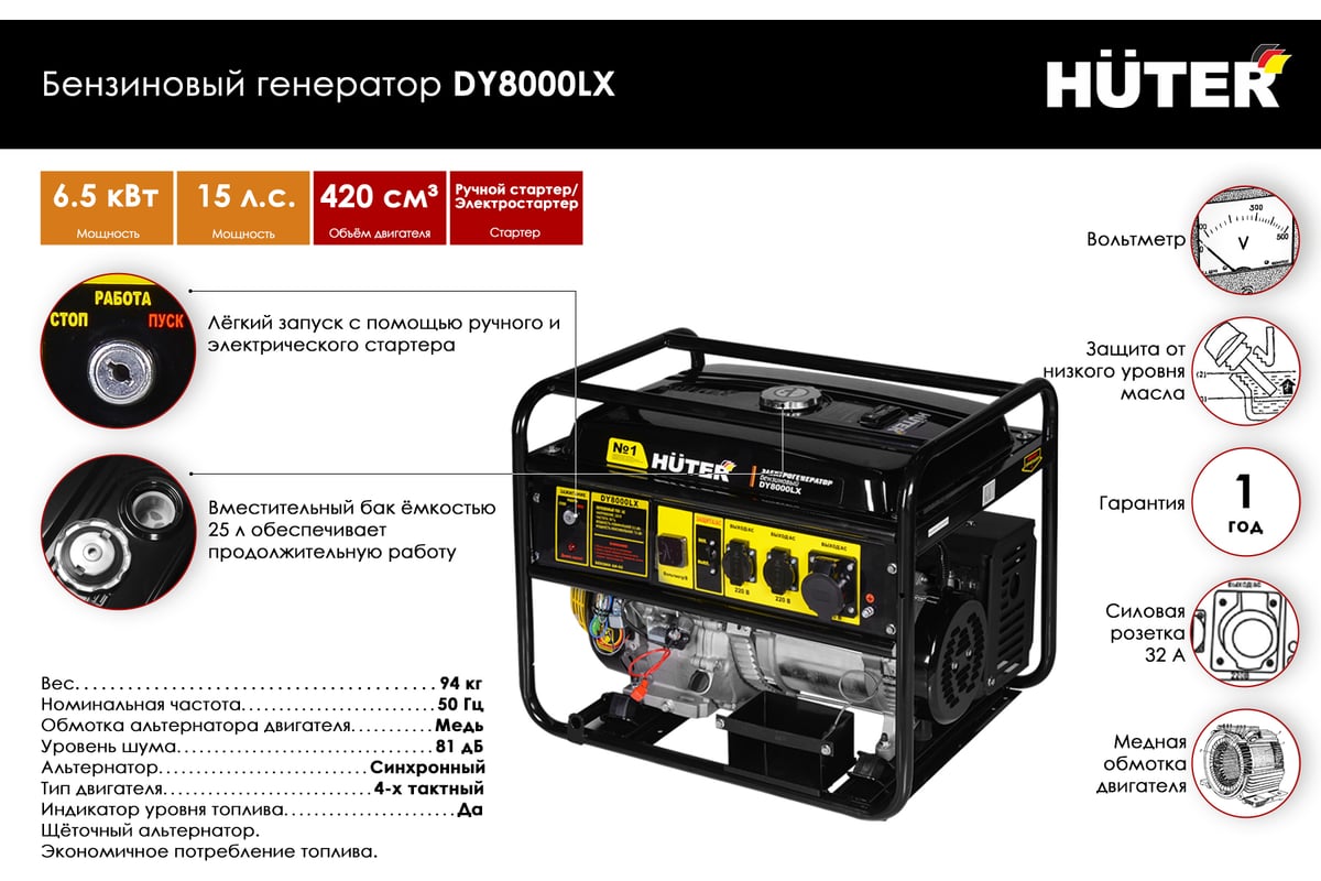 Бензиновый генератор Huter DY8000LX 64/1/19