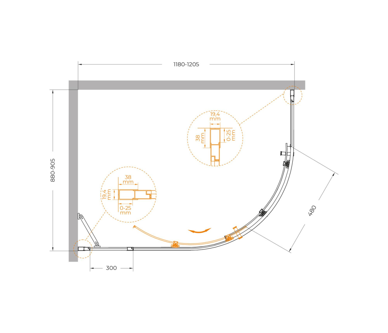 Душевой уголок Cezares MOLVENO-RH-1-120/90-C-GM-IV 120x90 прозрачный, оружейная сталь