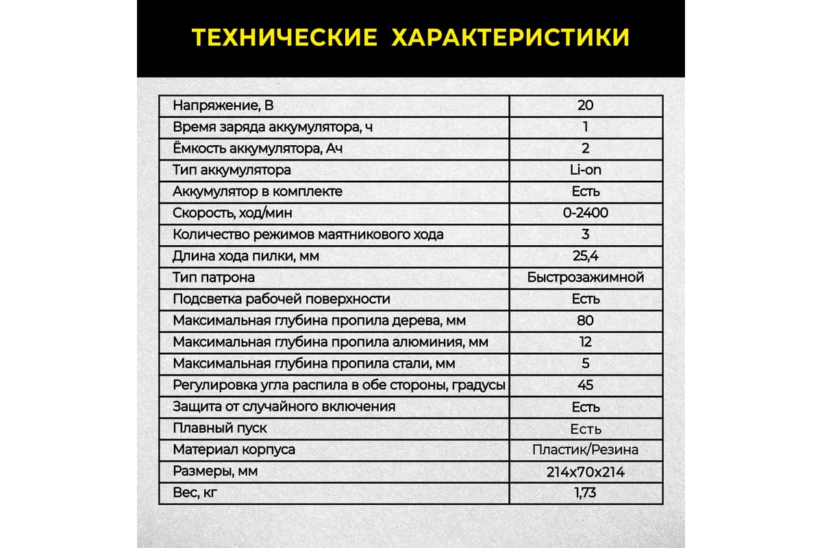 Аккумуляторный лобзик Technicom 20В 2Ач, 0-2400 ход/мин, LED подсветка, 45° угол распила, 3 режима маятникового хода TC-CJ520