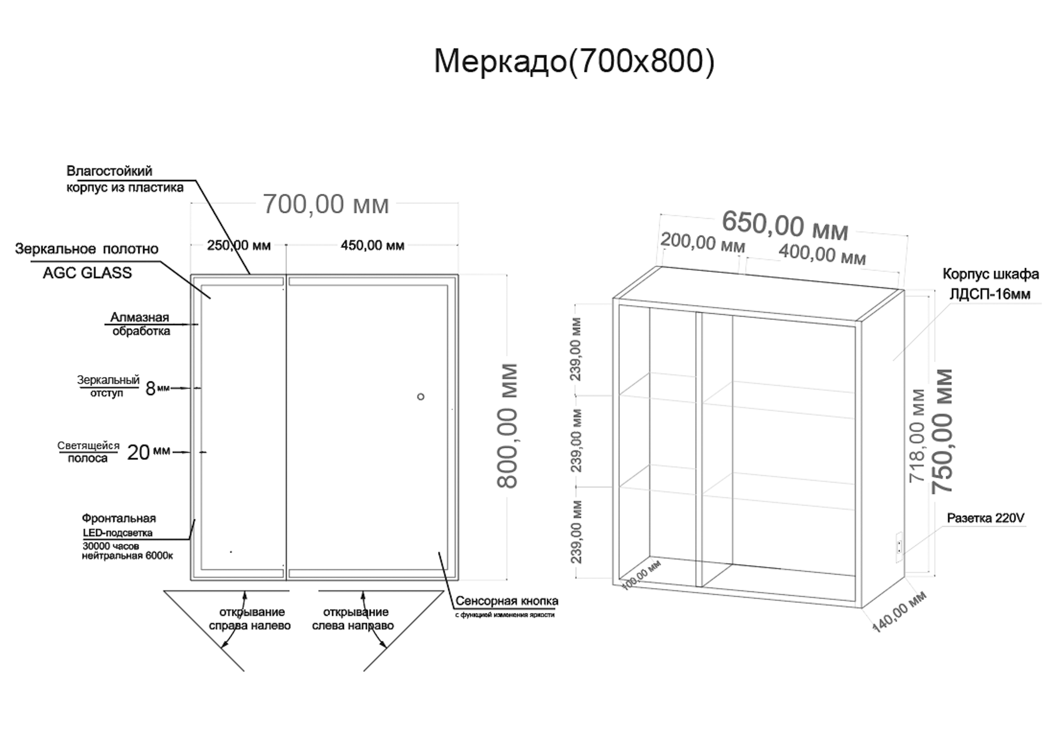 Зеркальный шкаф Grossman Меркадо 70x80 см с подсветкой 207008