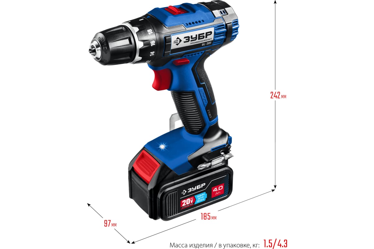 Дрель-шуруповерт Зубр Профессионал 20В, 2 АКБ 4Ач, в кейсе DL-201-42