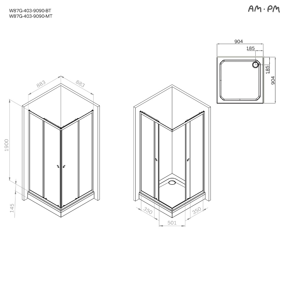 Душевой уголок Am.Pm Sunny W87G-403-9090-BT 90x90 прозрачный, черный матовый