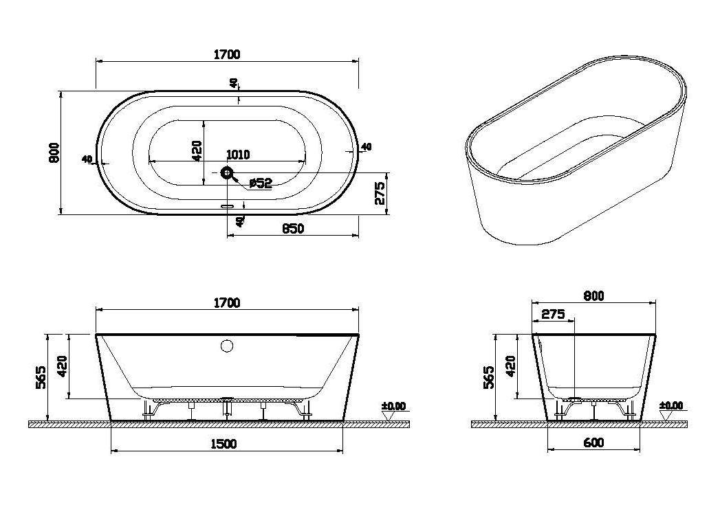 Акриловая ванна Vitra Geo 170x80 см, 65370006000