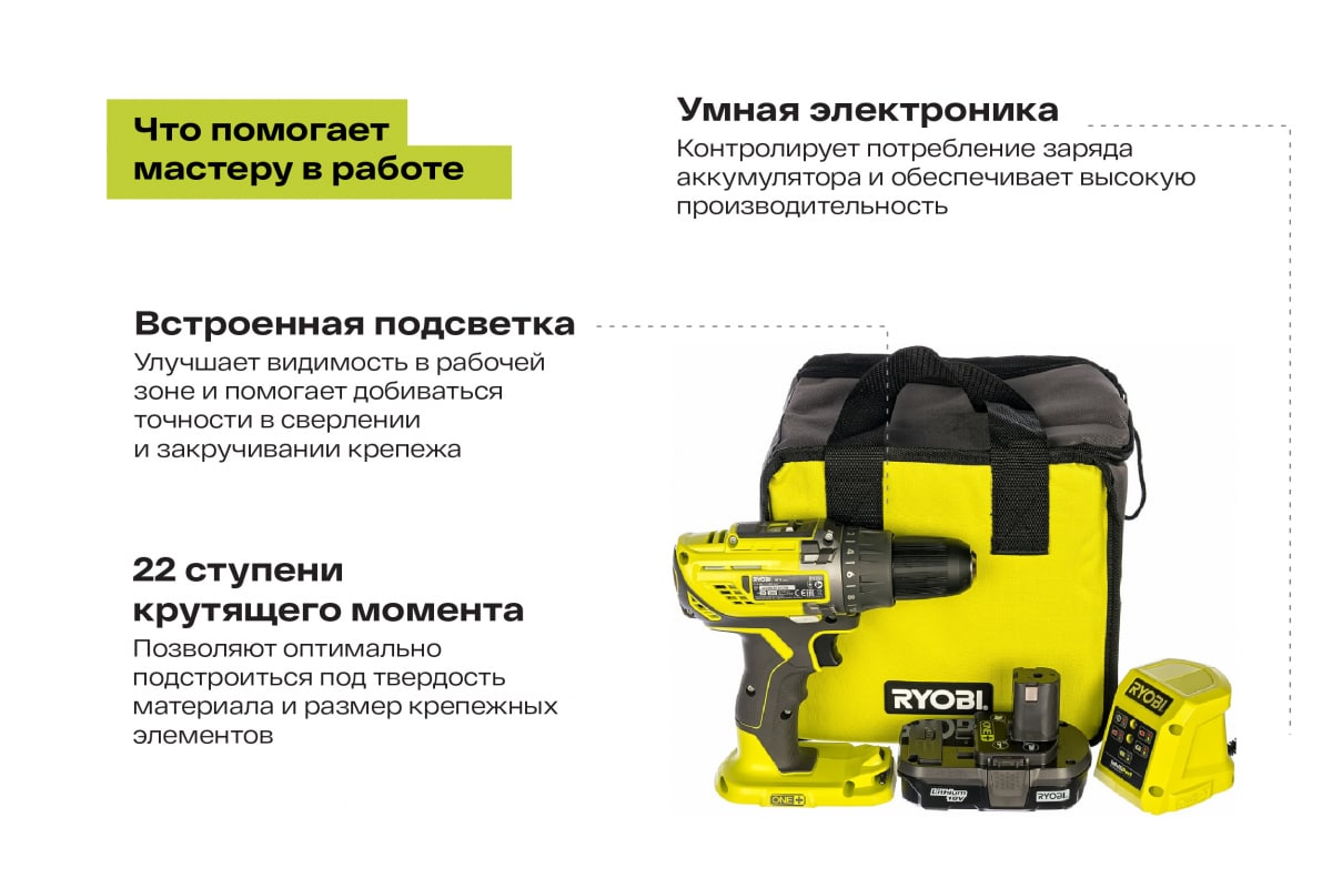 Компактная дрель-шуруповерт Ryobi ONE+ R18DD3-113S 5133003350