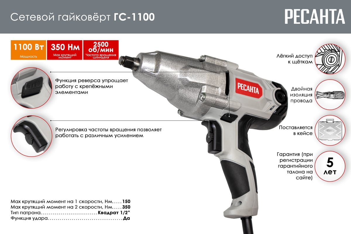 Сетевой гайковёрт Ресанта ГС-1100 75/24/1