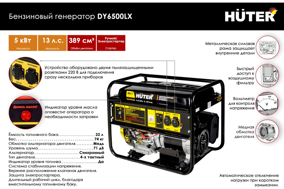 Электрогенератор Huter DY6500LX электростартер 64/1/7