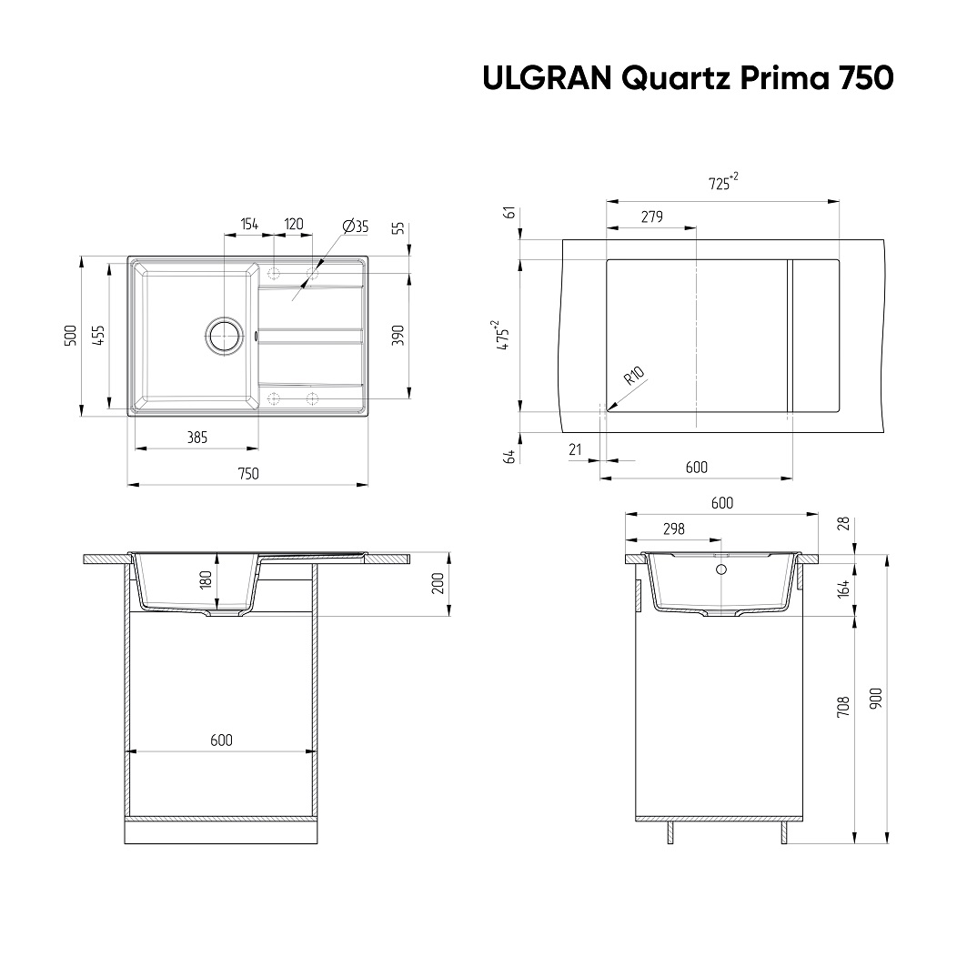 Кухонная мойка Ulgran Quartz Prima 750-09 75 см асфальт