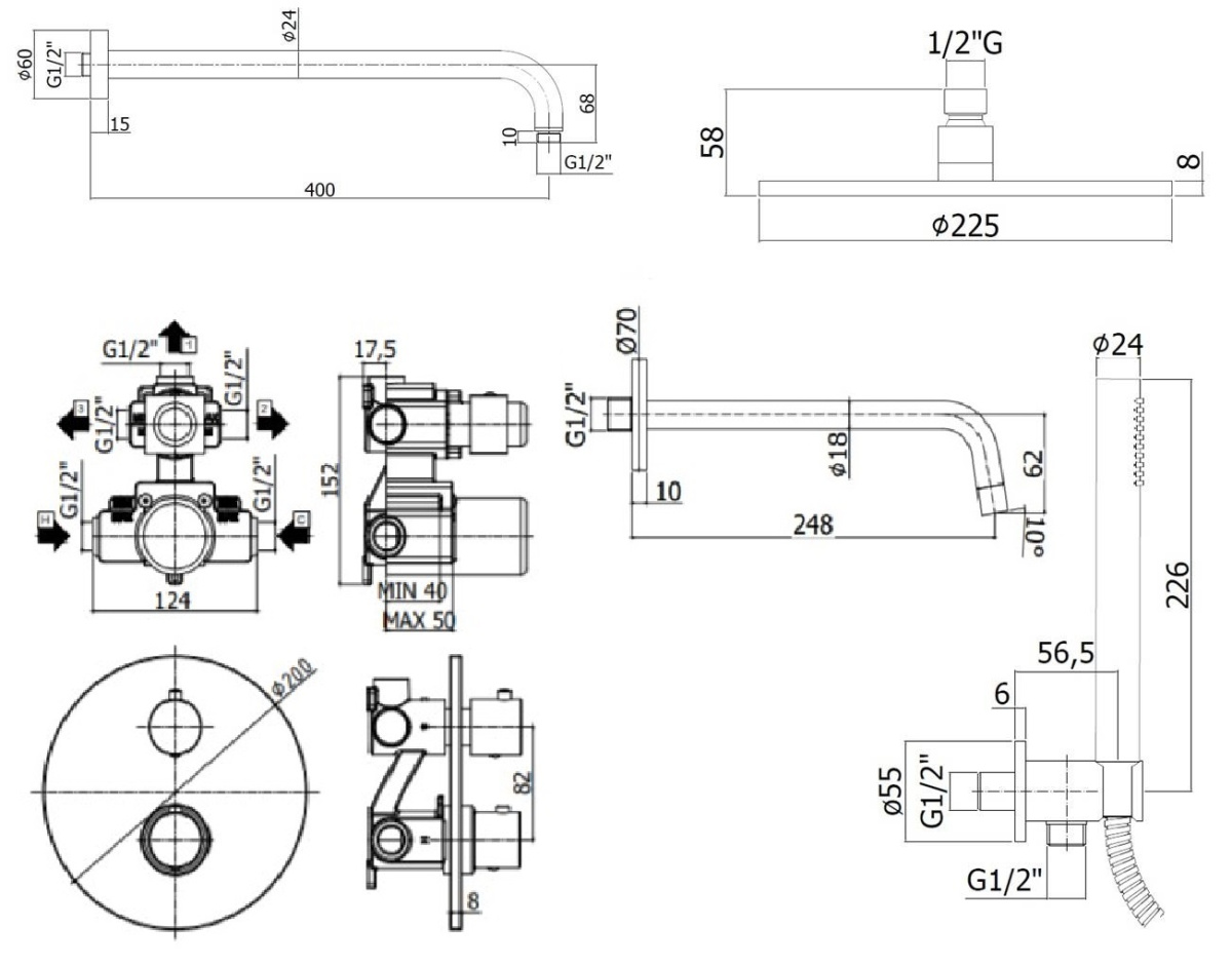 Душевой набор Paffoni Light KITLIQ019NO046 душ 22.5 см, излив 24.5 см, с термостатом, черный