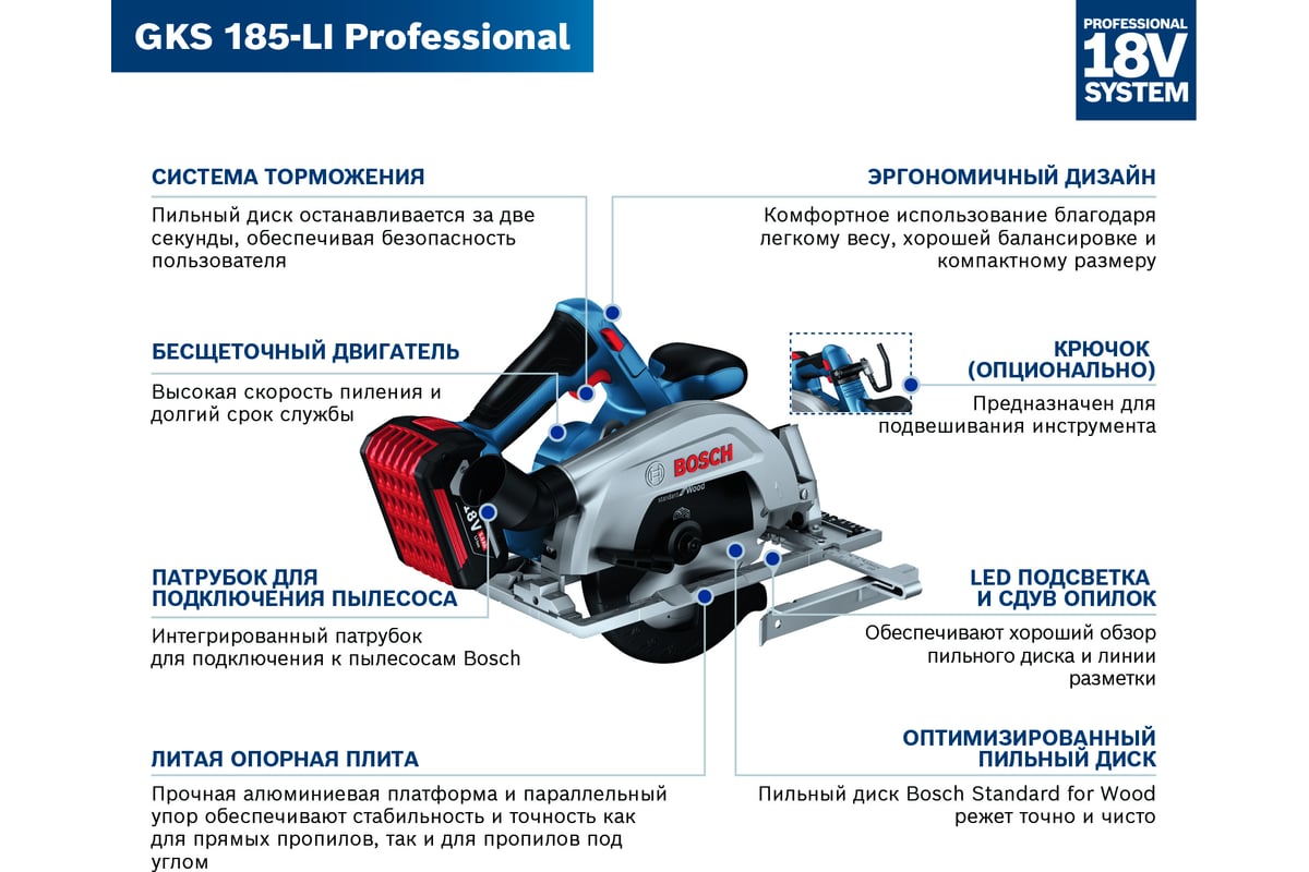 Аккумуляторная циркулярная пила Bosch GKS 185-LI (1 Ак.Б) 06016C1223