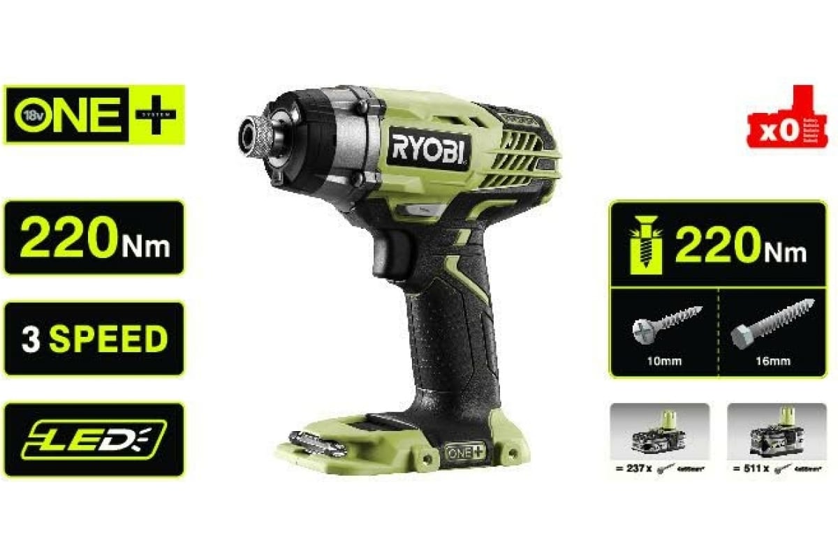 Импульсный винтовёрт Ryobi ONE+ R18iD3-0 без аккумулятора в комплекте 5133002613