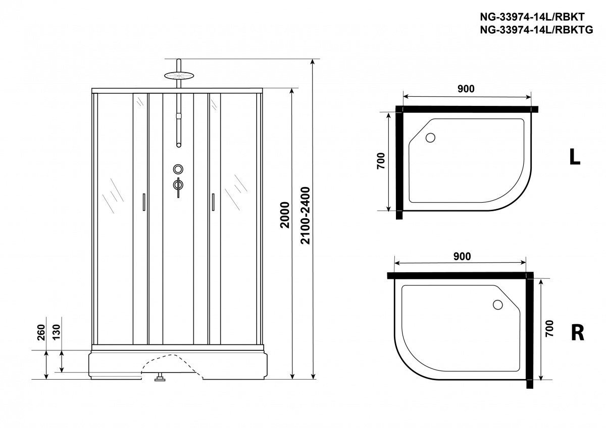 Душевая кабина Niagara NG 33974-14LBKTG 90x70 стекло матовое, без крыши, тропический душ, гидромассаж