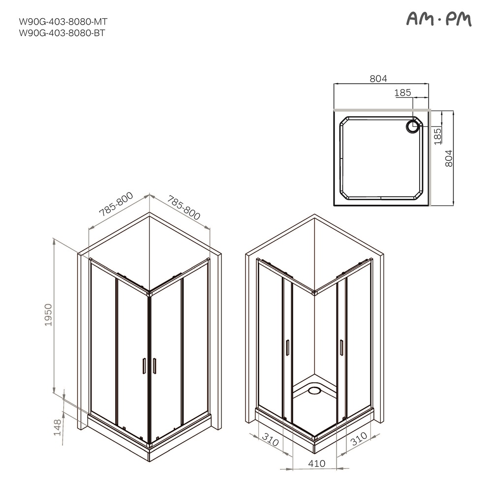 Душевой уголок Am.Pm Gem W90G-403-8080-MT 80x80 прозрачный, хром матовый