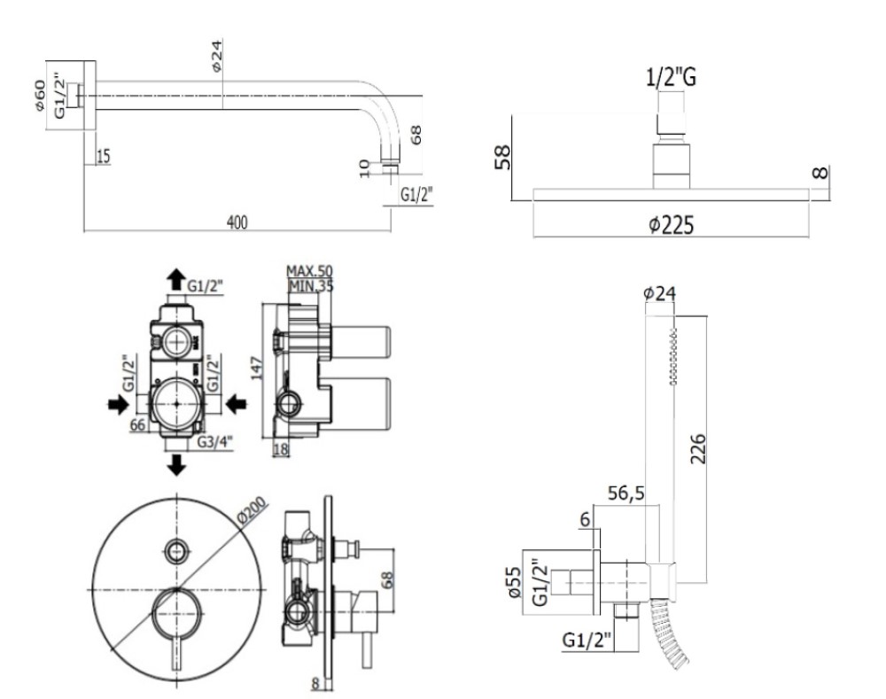 Душевой набор Paffoni Light KITLIG015HG душ 22.5 см, медовое золото