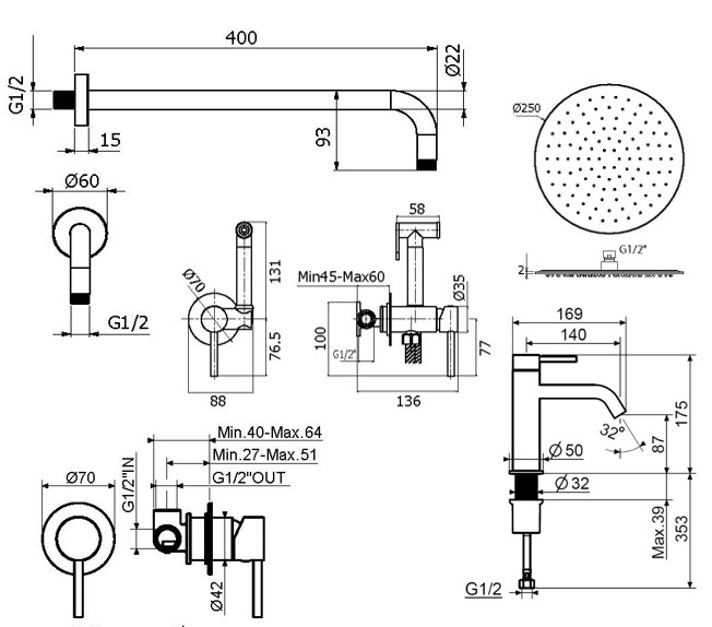 Душевой набор Plumberia IXO KITZXO01GR53 графит матовый