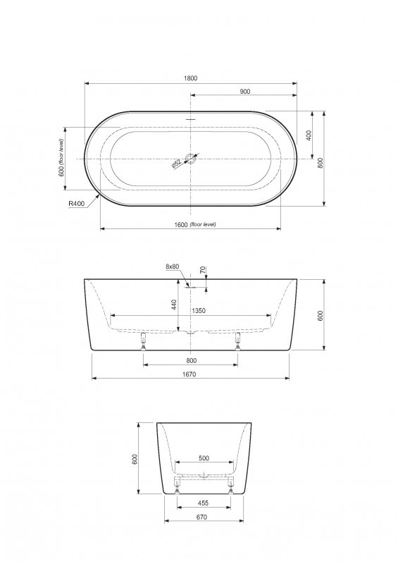 Акриловая ванна Cezares Metauro Central METAURO-INT-Central-180-80-60-W-MATT 180x80 см белый матовый