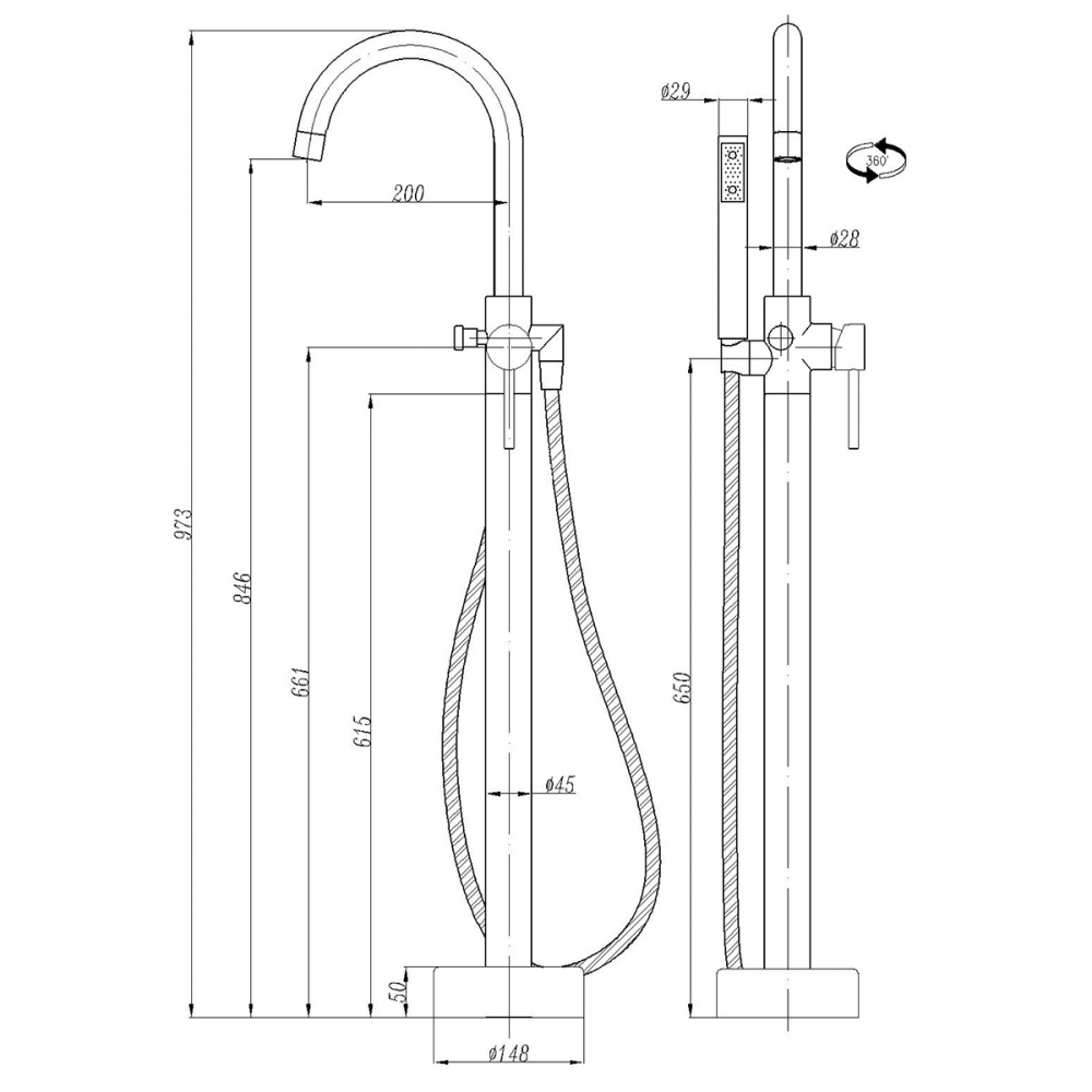 Напольный смеситель Abber Wasser Kreis AF8116B с душем, матовый черный