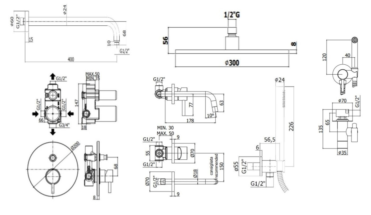 Душевой набор Paffoni Light KITZLIG015HGSP006KING душ 30 см, брашированное медовое золото