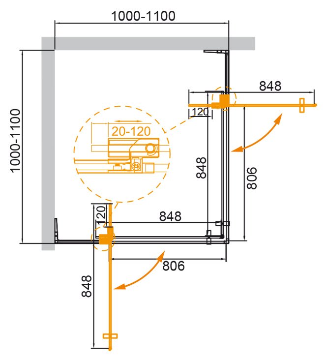 Душевой уголок Cezares SLIDER-A-2-100/110-C-BORO 100/110x100/110 прозрачное, брашированное золото