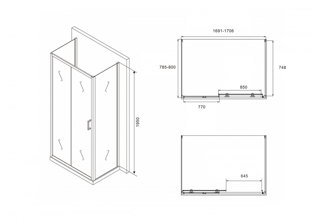 Душевой уголок Abber Schwarzer Diamant AG30170B-S80B-S80B 170x80 профиль черный (пристенный)