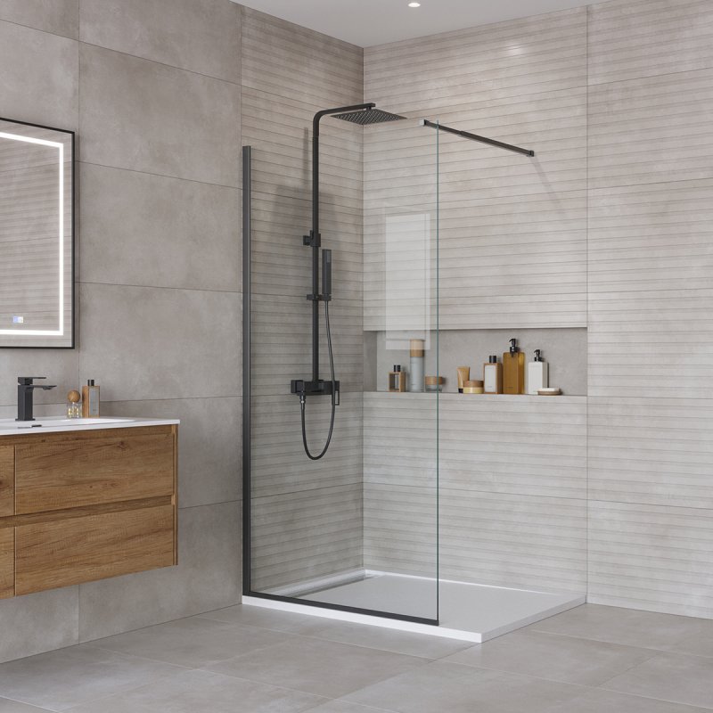 Душевая перегородка Belbagno KRAFT-L-1-90-C-NERO 90x195 прозрачная, черный