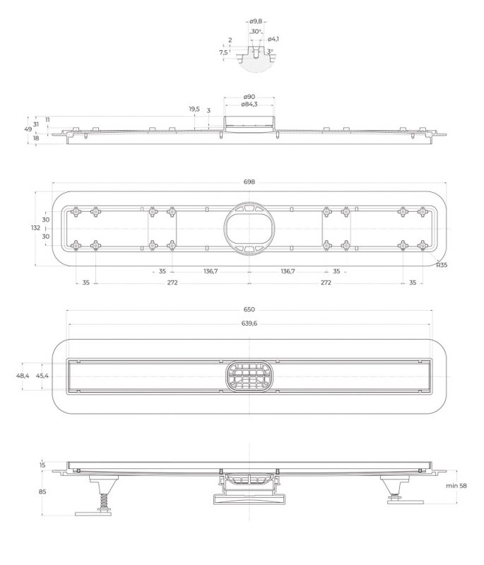 Душевой лоток Belbagno Luce BB-LD-LUCE-70-CR 70 см, комб.затвор, решетка под плитку, хром матовый