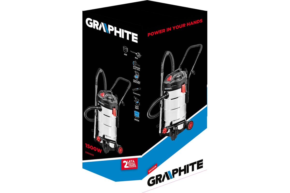 Промышленный пылесос Graphite 1500Вт, 40л 59G608