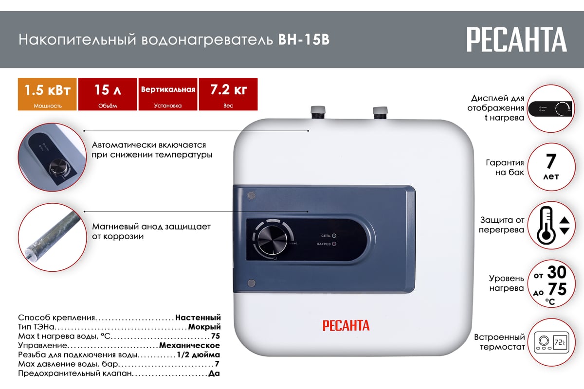 Накопительный водонагреватель Ресанта ВН-15В 74/5/6