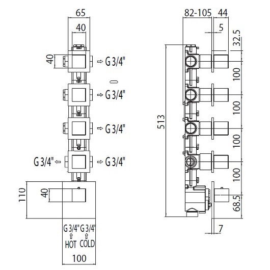 Скрытая часть смесителя Bossini Oki/Cube Z030275000 термостат, на 5 выходов с девиатором