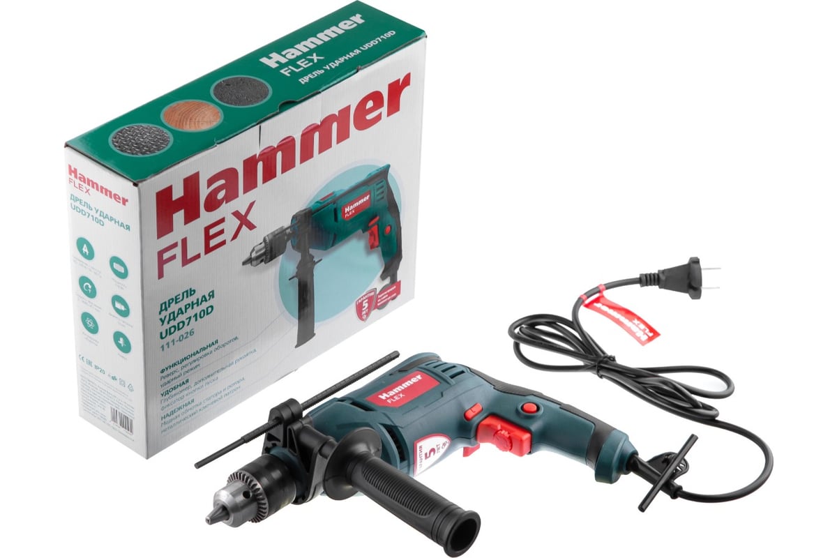 Ударная дрель Hammer Flex 710 Вт, 13 мм, 0-3000 об/мин, реверс UDD710D