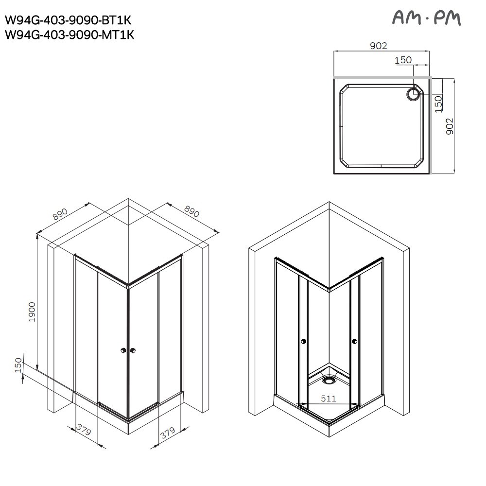 Душевой уголок Am.Pm X-Joy W94G-403-9090-МТ1К 90x90 прозрачный, хром матовый