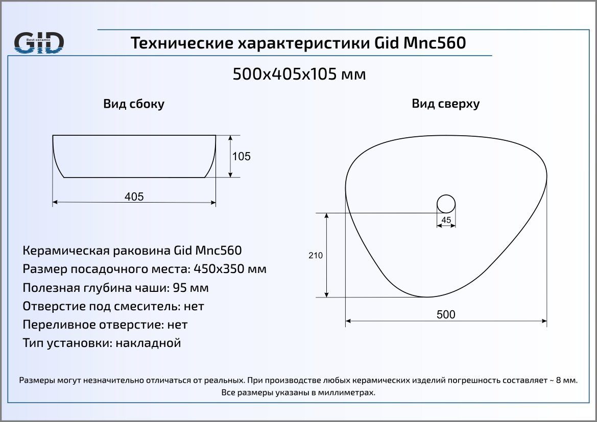 Раковина Gid Stone Edition Mnc560 50 см серый