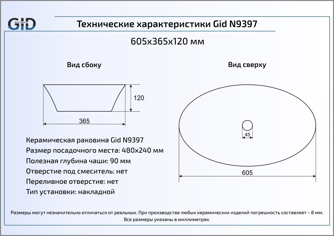 Раковина Gid N9397 60.5 см