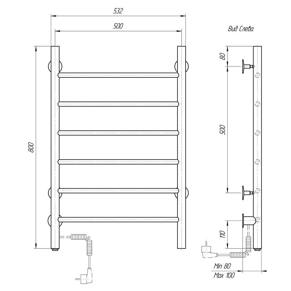 Полотенцесушитель электрический Domoterm Классик DMT 109-6 50x80 EK ТЭН слева, белый