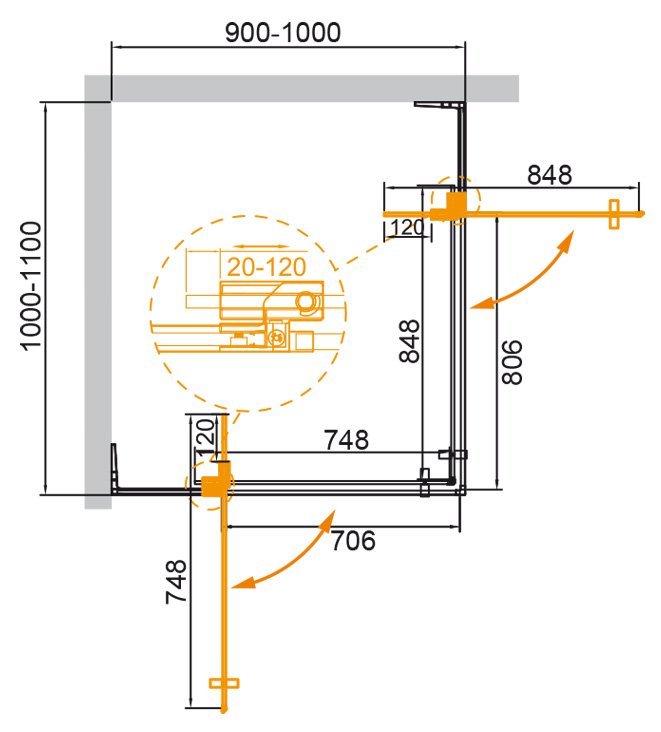 Душевой уголок Cezares SLIDER-AH-2-90/100-100/110-GRIGIO-NERO 90/100x100/110 тонированный, черный