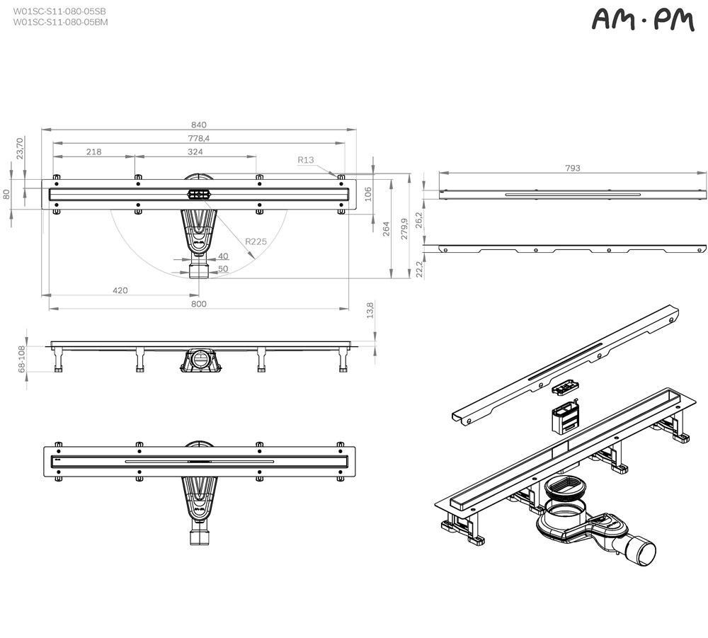 Душевой лоток Am.Pm MasterFlow W01SC-S11-080-05SB 80 см, комб.затвор, решетка Slim Line, хром матовый