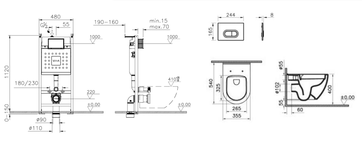 Подвесной унитаз VitrA Mia Round 9856B003-7200 с микролифтом, инсталляцией