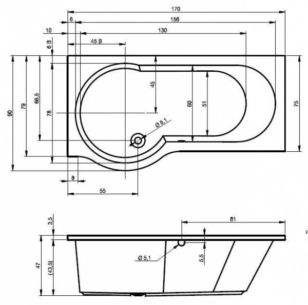 Акриловая ванна Riho Dorado 170x75 L/R